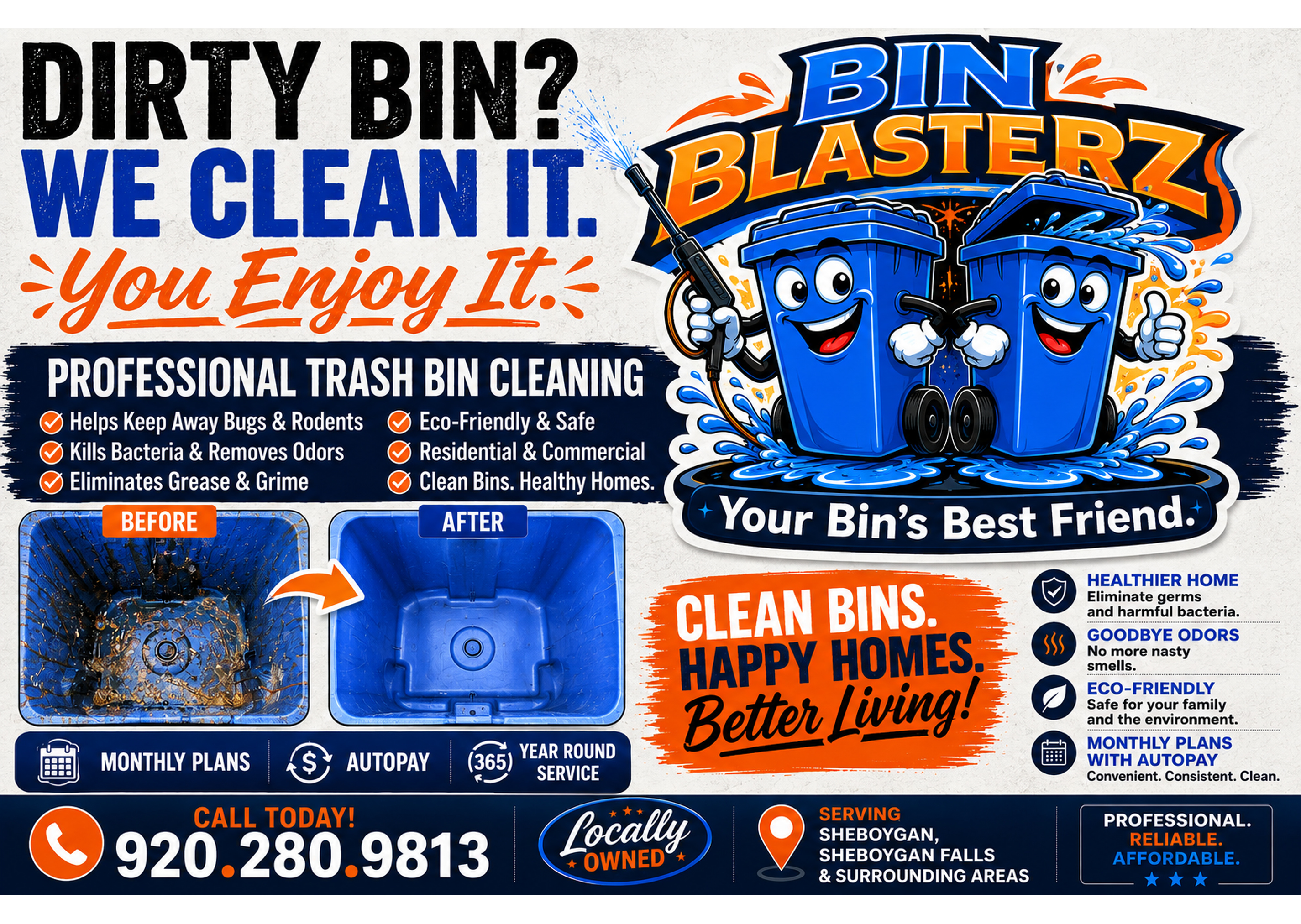 Bin Blasterz ad with the real logo and before-and-after examples of dirty and professionally cleaned blue trash bins